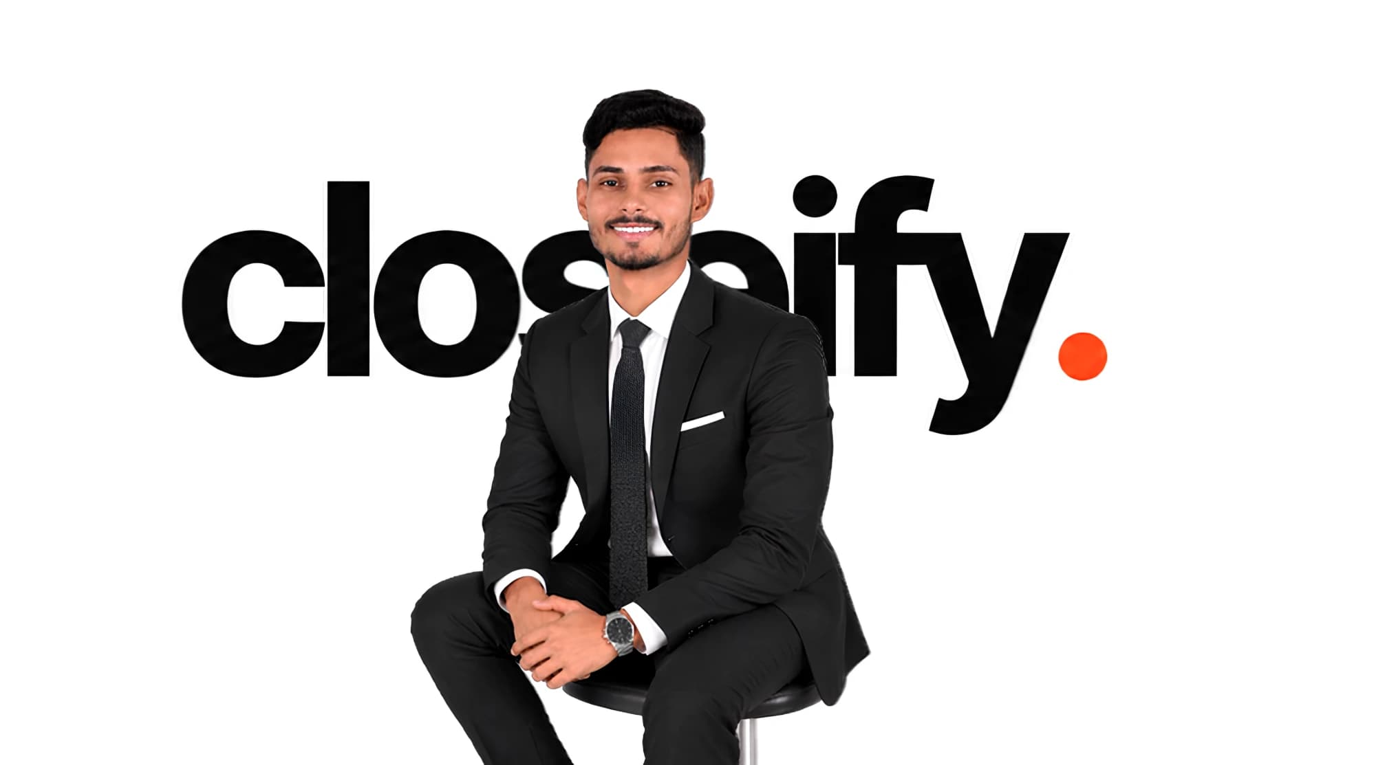 Amit Singh, founder of Closeify, in front of the Closeify logo
